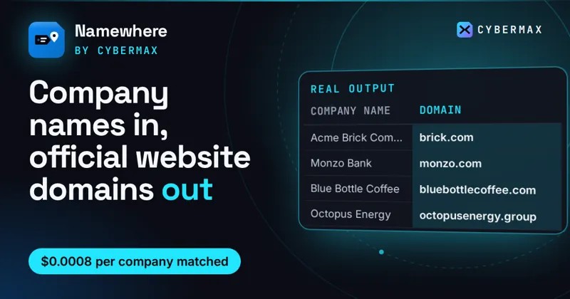 Namewhere API: Company names in, official website domains out
